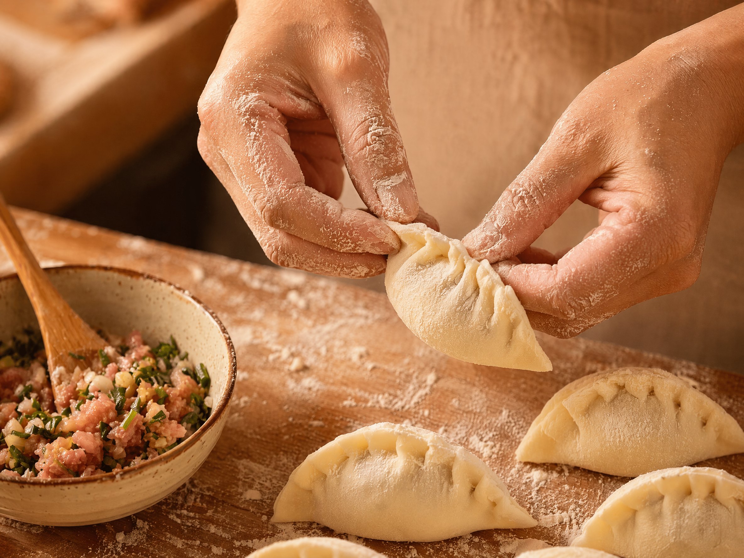 门店师傅双手捏制月牙饺褶